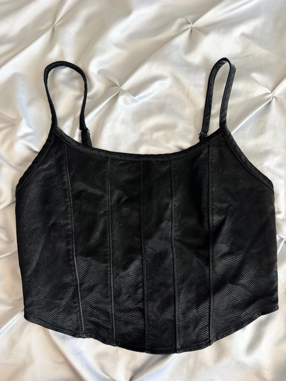 Black Faux Leather Corset Crop Top with Spaghetti Straps